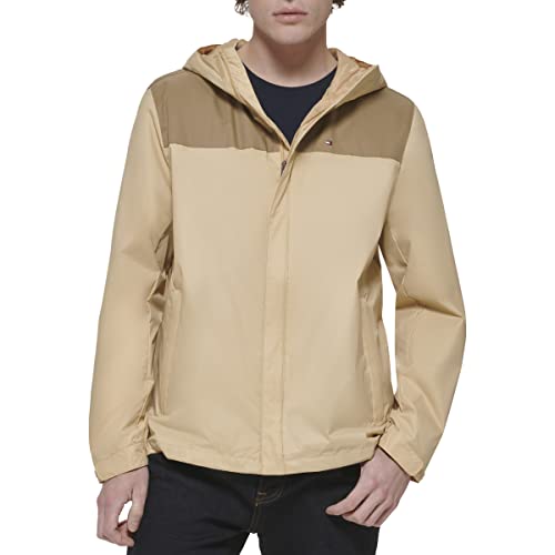 Tommy Hilfiger Men's Lightweight Breathable Waterproof Hooded Jacket, Brown Color Block, XX-Large - image 1