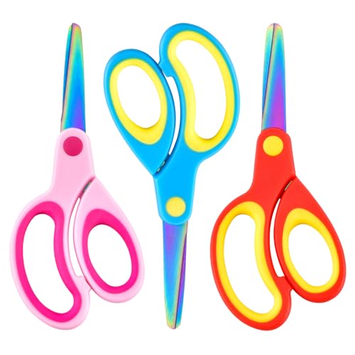 SCAIKTIG 5 Left Handed Scissors kids Set(3 Pcs) Safety Rounded edge Blunt-Tip Titanium Coating Blades Comfort Grip for School Classroom Children and Toddler Cutting Craft Paper Assorted Color