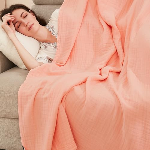 EMME Cotton Throw Blanket for Couch Soft Muslin Blankets 50"x60" Lightweight Breathable Blanket All Season Gauze Blanket, Pink