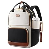 LOVEVOOK Laptop Backpack for Women with Giant Tumbler Holder Pocket, 17 inch Large Travel Work Backpack Purse for Teacher Nurse, Waterproof College Book Bag Cute Casual Daypack, Beige-Black-Brown