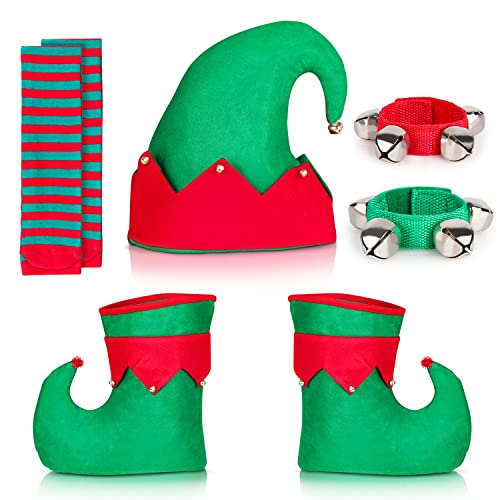 Hooqict 7Pcs Christmas Elf Costume Accessories Elf Hat Shoes Socks Felt for Women Men Adults Christmas Costume with Jingle Bells Xmas Party Decor