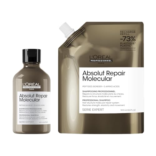 L’Oréal Professionnel, Rutina Con Champú Profesional 300 ml y Recambio 500 ml, Nutre en Profundidad y Fortalece el Cabello, Para Pelo Seco, Fórmula Patentada, Absolut Repair Molecular
