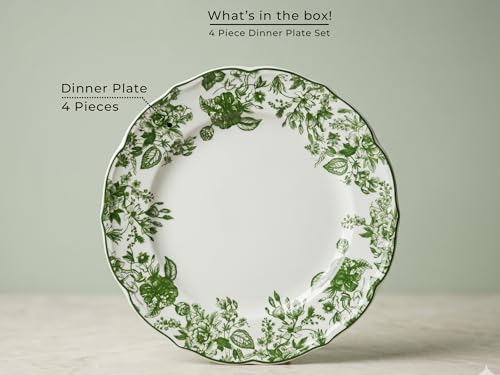 Image of Bodhi House 4-Piece Green Leaf White Porcelain Dinner Plates Set | Lightweight, Chip Resistant | Microwave & Dishwasher Safe | Elegant Tableware for Home Dining, Parties & Gifting