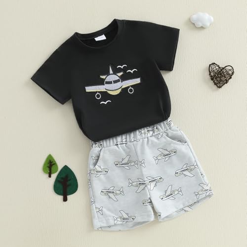 Toddler Baby Boy Summer Outfit Airplane Pilot Short Sleeve T-shirts Tops Plaid Shorts Set Infant Planet Clothes Set3