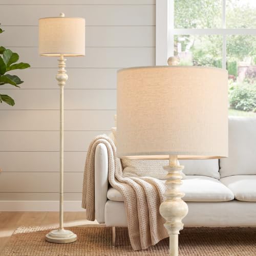 Image of BOBOMOMO 64.25 inch Farmhouse Floor Lamp for Living Room, Tall Antique White Standing Lamp with Gold Accents, Rotary Switch Reading Lamp for Bedroom & Nursery, Classic Home Decor Corner Lamp