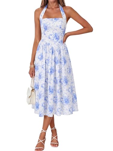 Image of Parthea Women's Floral Halter Corset Midi Dress 2026 Elegant Smocked Flowy Wedding Guest Dresses with Pockets