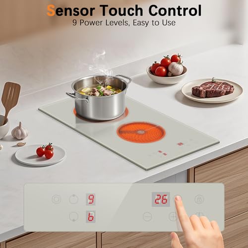 Image of Electric Cooktop 2 Burner - 3200W Built-in 12 Inch Electric Stove White, 220V Two Burner Ceramic Cook Top with Safety Lock, 99-Min Timer, Sensor Touch, 220-240V Hard Wired, Beige (No Plug)
