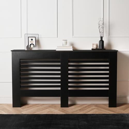 OHS Large Radiator Heating Furniture Cover Stylish Wooden Frame Slatted Design Decorative Top Shelf Radiator Cover MDF for Living Room Bedroom Hallway Black