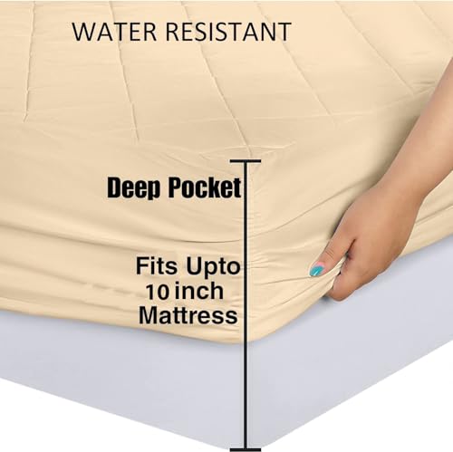 Image of Trance Home Linen Fitted Quilted Cotton Mattress Protector | Water Resistant - Breathable Fluffy Soft Bed Cover | Bed Cushion Cooling Protector (Quilted Fitted | 72x60 inch, Beige)