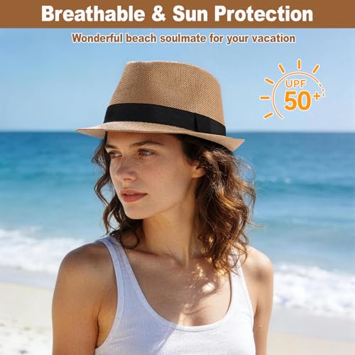 Image of Straw Fedora Hats for Men Women, 1920s Short Brim Trilby Panama Hat Summer Beach Sun Cap