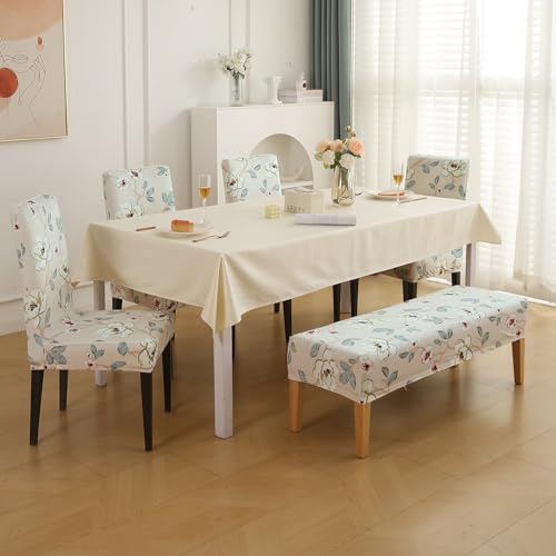 Image of HOKIPO Premium Velvet Cover Set for 4 Dining Chairs + 1 Dining Bench, Buttercream Magnolia Whisper (AR-5799-D5)
