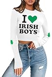 St Patty's Day Irish Clover Crew Neck Long Sleeve Crop Top Lucky Shamrock Shirts I Love Irish Boys M