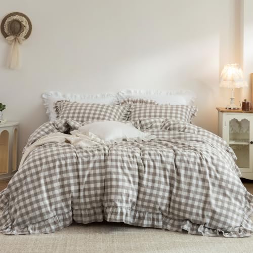 ELIMMO Gingham Ruffle Duvet Cover Set Washed Cotton Linen Feel 3‑Pcs Queen