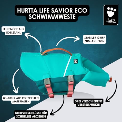 Hurtta Life Savior ECO Hundeschwimmweste maximale Sicherheit im und am Wasser beim Schwimmen, SUP, Kayak & Bootsausflügen (Peacock, 10-15 kg)