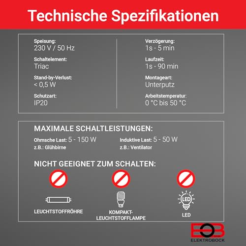 ELEKTROBOCK CS3C-1B Zeitrelais - Nachlaufrelais 230 V mit Steckklemmen - Verzögerte Einschaltung - Für Lüfter & Beleuchtung - Unterputz