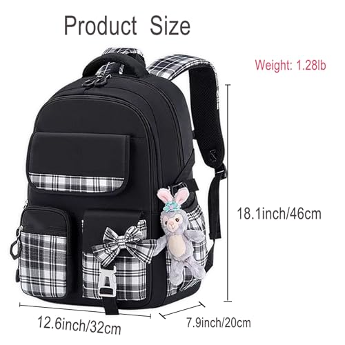 Women Bow Backpack with Cute Pendant 15.6 Inch Laptop Bag Large Travel Lightweight Breathable Fashionable Daypack Black2