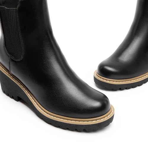 DREAM PAIRS DREAM PAIRS Women's Wedge Chelsea Ankle Boots Fashion Round Toe Low Wedge Heel Platform Booties Shoes,Size 11,Black-Pu,SDAB2403W