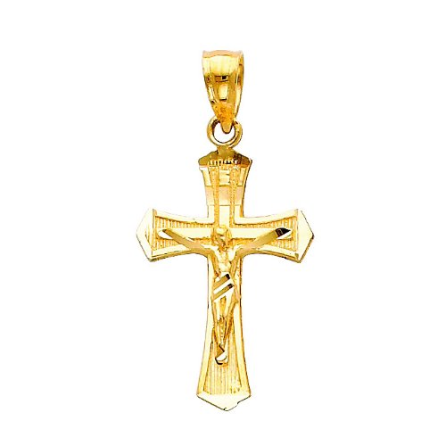 The World Jewelry Center 14k Yellow Gold Jesus Cross Religious Pendant with 1.2mm Singapore Chain Necklace2