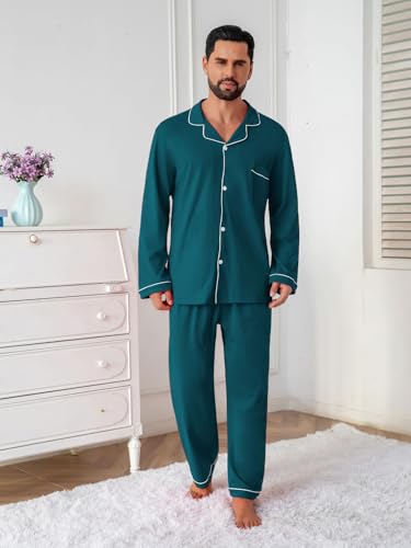Image of QZH.DUAO Mens Pajama Set 100% Cotton Long Sleeve Button Down PJs