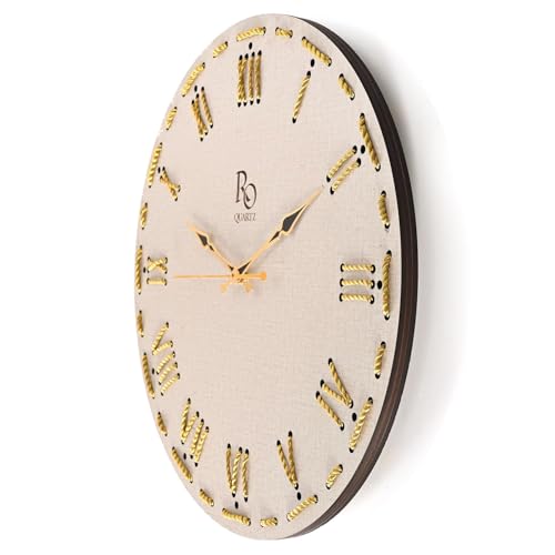 Image of Wooden Round Shape Roman Dial Wall Clock with Golden Hand & Golden Zari Rope Detailing | Silent Quartz Movement Anti Reflection Analog Vintage Clock for Office and Home (Ivory, 15.5 Inch)