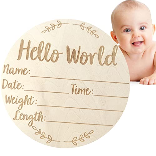 CAVLA Wooden Baby Announcement Sign, Newborn Baby Announcement Sign, 5.9 Inch Round Hello World Newborn Welcome Sign for Baby Shower, Photo Prop, Hospital, Nursery, New Parents (D)