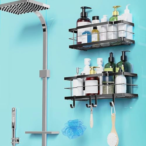Image of Moforoco Shower Caddy Shelf Organizer Rack, Self Adhesive Black Bathroom Shelves Basket, Home Farmhouse Wall Inside Organization and Storage Decor Rv Accessories, First Camper Apartment Essentials