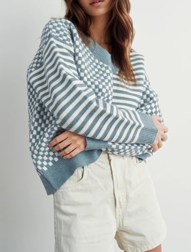 Image of UNCLECAT Womens Striped Checkered Sweater V Neck Fall Trendy Pullover Tops