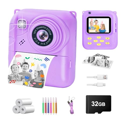 Image of Instant Print Camera for Kids, 1080P Video Camera with 3 Print Rolls | 32GB Card & Cute Cover, Gift for Girls Boys Age 3-12, Toddler Digital Camera with Games, Filters, Music - Purple