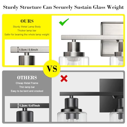 Image of Ascher Bathroom Vanity Light Fixtures, 3 Light Wall Sconces Lighting with Clear Glass Shade, Brushed Nickel Wall Lights for Mirror, Kitchen, Living Room, Gallery, E26 Base (Bulbs Not Included)