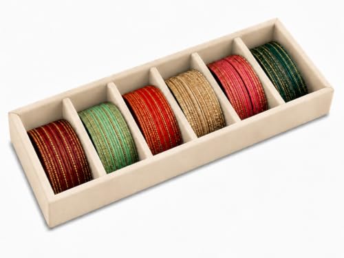 Image of La Trove 6 Slot Velvet Bangle Organizer Tray for Kada & Bracelets, Cream | Soft lined sections hold bangles, kada, bracelets, rings & chains; keeps accessories sorted in drawer, wardrobe & vanity top