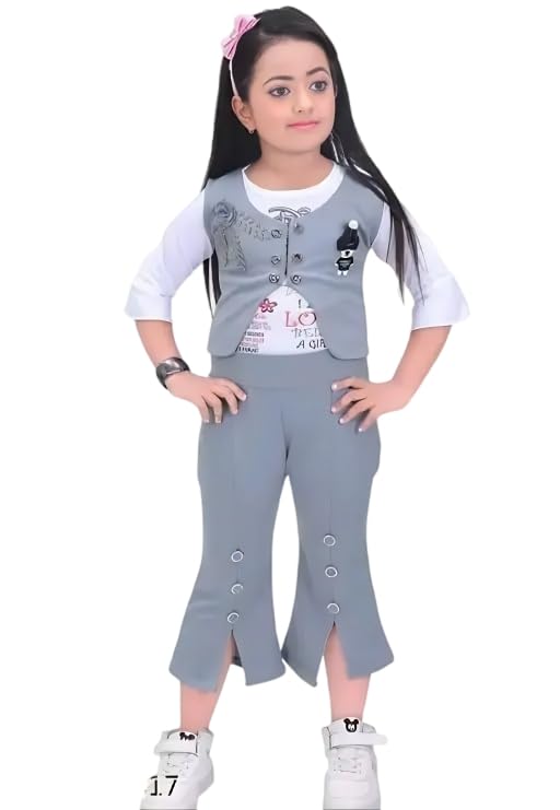 Girls’ Cotton Blend Printed 3/4th Sleeves Top,Jacket and Pants Set