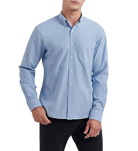 HISDERN Azul Camisa de Hombre Manga Larga Oxford Casual Informal Camisas de algodón con Bolsillo Regular Fit L
