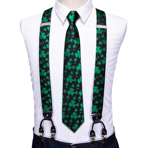 Image of Barry.Wang Men Suspender Set with Necktie Elastic Y Type Heavy Duty 6 Clips Braces Tie Handkerchief Cufflink Pin 6PCS