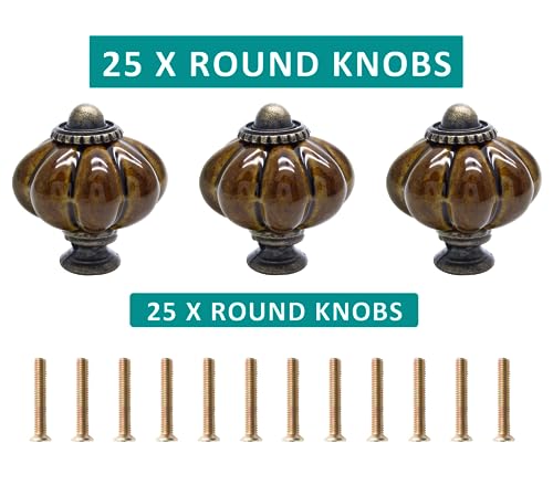Cjueiom 25 Pack Ceramic Door Knobs Coffee Brown Drawer Knobs, Pumpkin Ceramic Knobs Vintage Cupboard Knobs with Mounting Screws, Antique Wardrobe Pull Handles Kitchen Cabinet Knobs for Dresser - Image 2