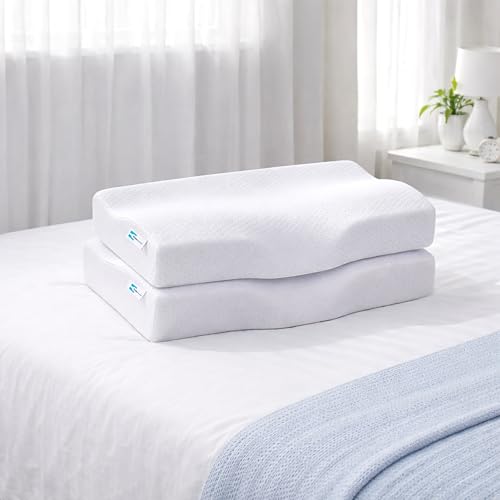 Image of CalmNest Anti-snoring Cervical 100% Memory Foam Pillow for Neck Pain & Shoulder Pain| Sleeping Pillow for Spondylitis Neck| Orthopaedic Ergonomic (2 x 22 Blue Foam & White Cover)