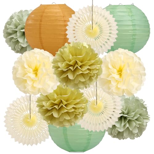 LIHAO Sage Green Party Decorations, Paper Lanterns Paper Fans Tissue Pom Poms for Baby Shower Bridgerton Bridal Shower Birthday Wedding Engagement Party(Green Gold Ivory)