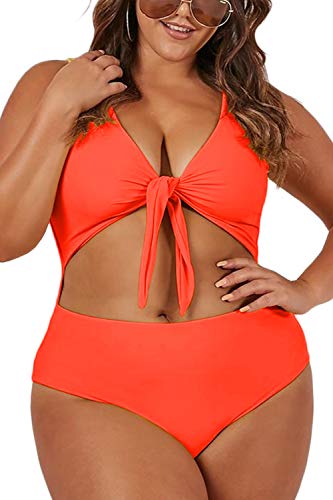 ioiom Women's Swimwear Plus Size Solids Oceanus Tummy Control V-Neckline Soft Cup One Piece Orange XL