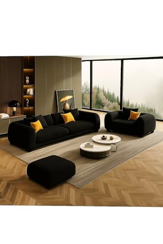 Image of Polyester Velvet Contemperory Sofa Set with Cushion Chaise Lounge, Sectional Sofa Perfect for Your Living Room,Guests Room & Office. (Black, 3+1+1puffy)