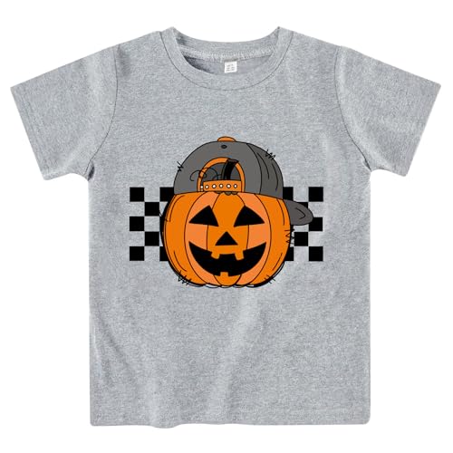 Sineeko Halloween Shirts for Kids Cotton Gray Short Sleeve Crew Neck Toddler Boys T-Shirt Baseball Cap Plaid Pumpkin Tops 4T