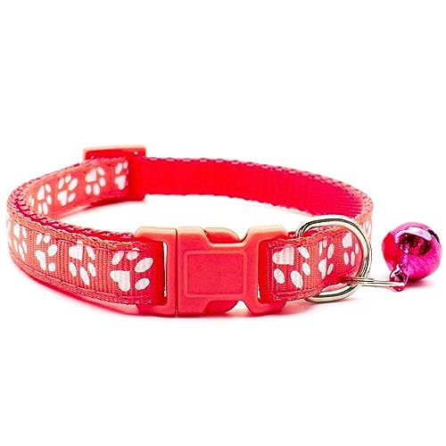 Doggie Style Store Small Dog Puppy Pet Collar Pawprint Design with Bell Nylon Adjustable Size 19-32cm Coral Red Watermelon - Image 2