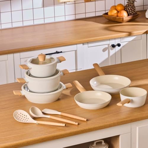 Karaca 12-Piece Ceramic Cookware Set with Lids & Utensils, Swiss Crystal Ceramic Kitchen Pots and Pans Sets Non Stick, Induction Compatible, Almond Cream