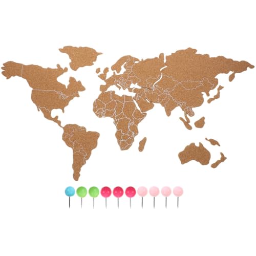 EXAOMBLE Mapa del Mundo de Corcho Autoadhesivo Chinchetas, Tablero Decorativo de Madera para Oficina y Hogar, Mapa Mural Educativo para Viajeros y Amantes Geografía Color Aleatorio