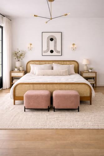 Image of Queen Size Wooden Bed | Modern Cane Headboard & Footboard | Low Height Double Bed for Bedroom Natural