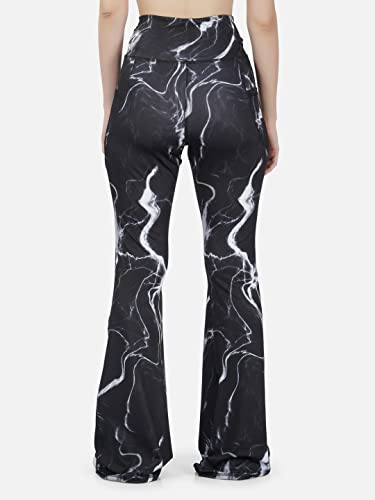 Image of Imperative Women's High Waist Flare Yoga Pants, Black Marble Print Gym Tights with Pockets, Stretchy Bell Bottom Workout Leggings, Daily Use Flared Palazzo for Woman