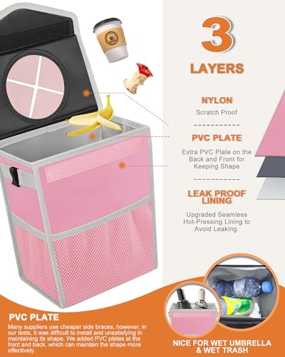 Image of Pritent Car Trash Can with Lid, Cute Leakproof Car Trash Garbage Bag Hanging Vehicle Trash Bin Small Portable Automotive Garbage Cans Organizer for Back /Front Seat /Console(2.8 gal,Pink