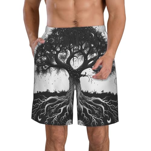 Men's Quick Dry Swim Shorts Tree of Life Moon Sun Stars Galaxies Cosmic Mystical Beach Trunks with Pockets