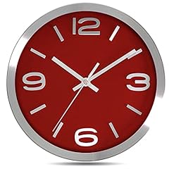 Bernhard Products Metal Wall Clock Modern Silver & Wine 10 Inch Silent Non Ticking, Red Round item
