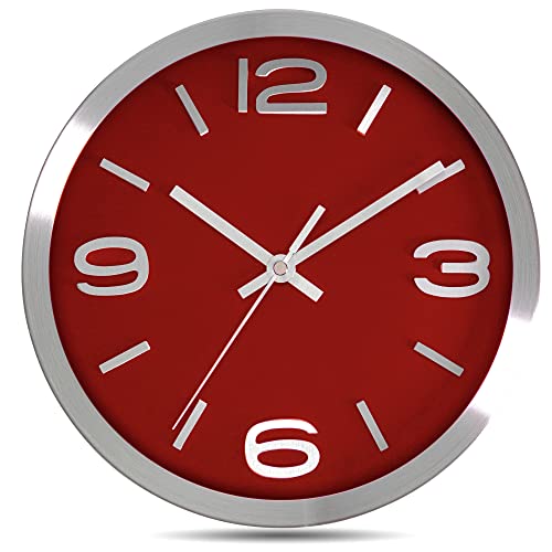 Bernhard Products Metal Wall Clock Modern Silver & Wine 10 Inch Silent Non Ticking, Red Round Elegant Quality Quartz Battery Operated for Home Kitchen Living Room Office, 3D Numbers