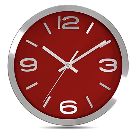 Bernhard Products Metal Wall Clock Modern Silver & Wine 10 Inch Silent Non Ticking, Red Round Elegant Quality Quartz Battery Operated for Home Kitchen Living Room Office, 3D Numbers