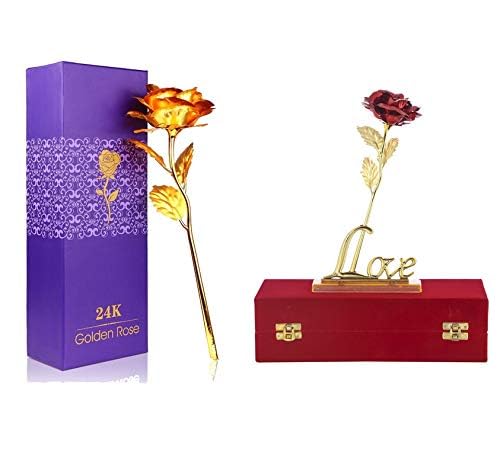 INTERNATIONAL GIFT® Golden Rose and Red Rose Flower with Love Shape Stand with Golden Leaf with Luxury Red Gift Box